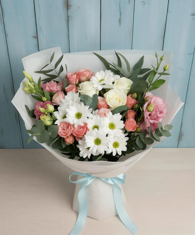 Букет цветов из: Розы, Лизиантусы и Хризантемы в Октябрьском Московской области