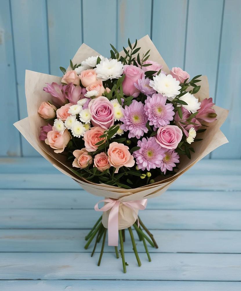 Букет цветов из: Хризантемы, Розы и Альстромерии в Октябрьском Московской области