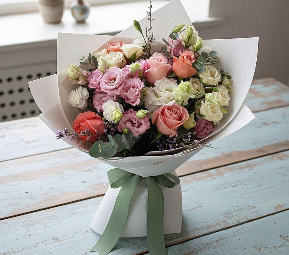 Букет цветов из: Розы, Лизиантусы и Гвоздики в Октябрьском Московской области