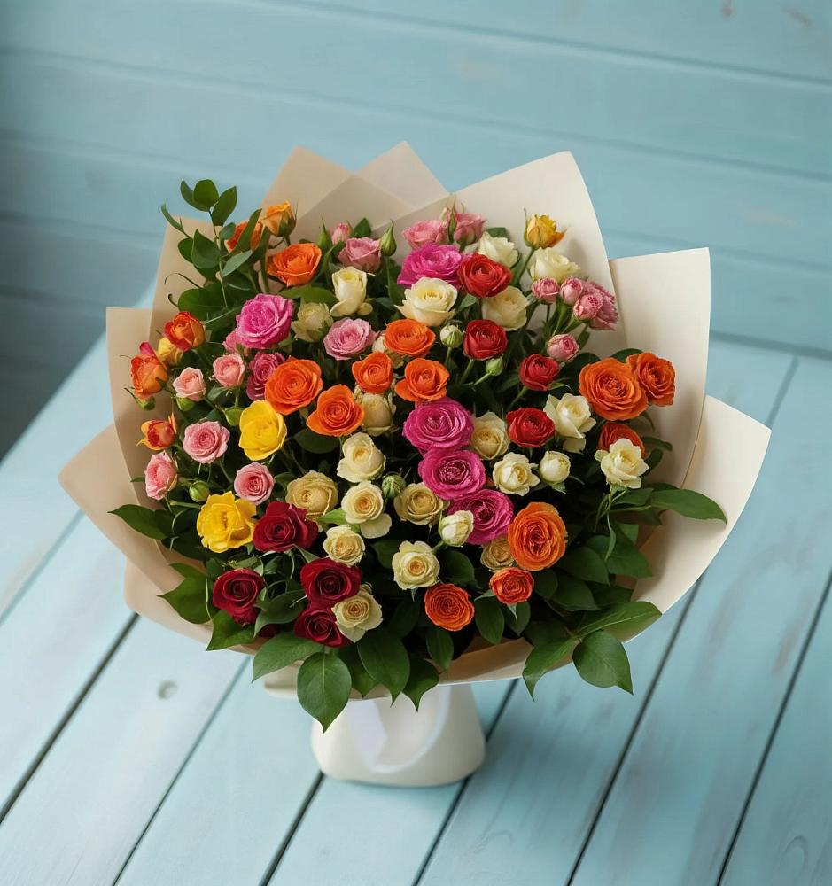 Букет Микс из разноцветных кустовых роз в Октябрьском Московской области