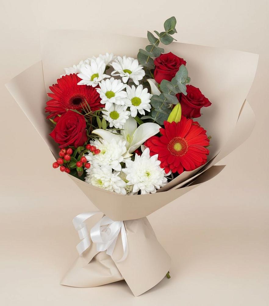 Букет цветов из: Розы, Хризантемы, Герберы и Лилии в Октябрьском Московской области