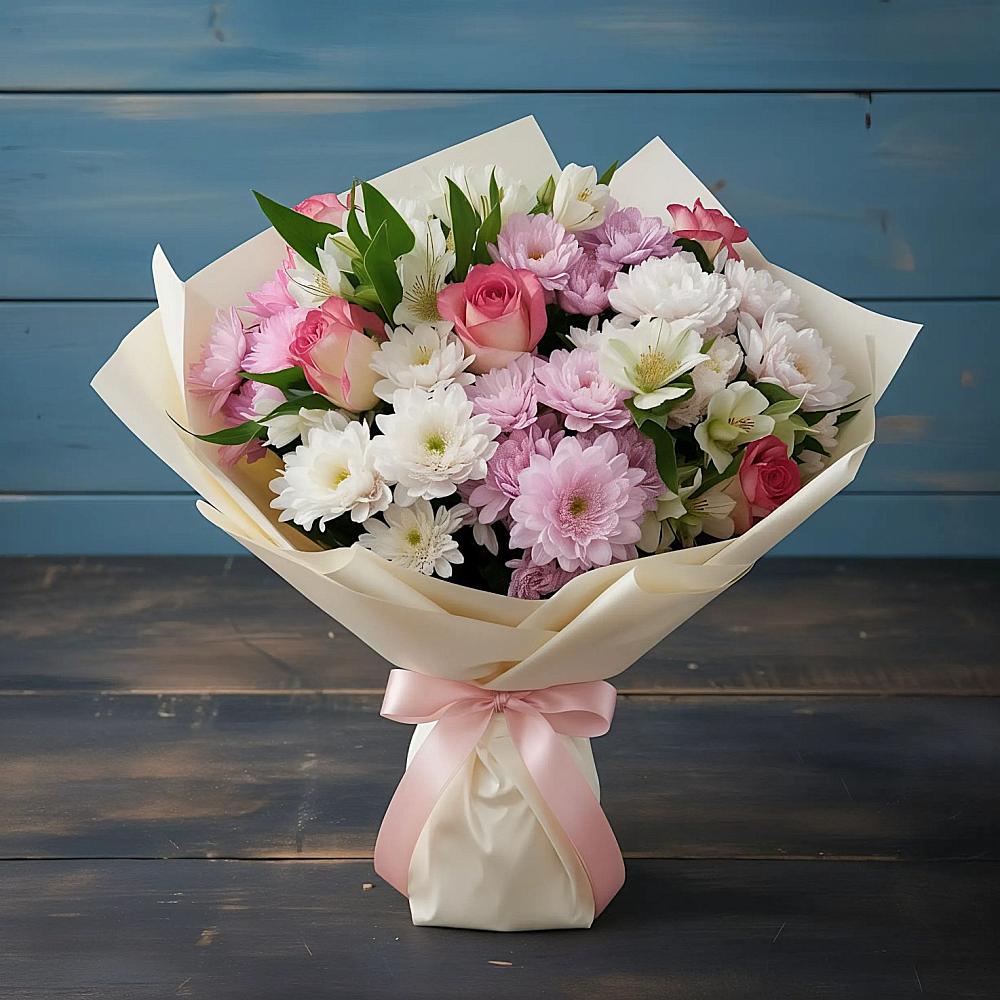 Букет цветов из: Хризантемы, Альстромерии и Розы в Октябрьском Московской области